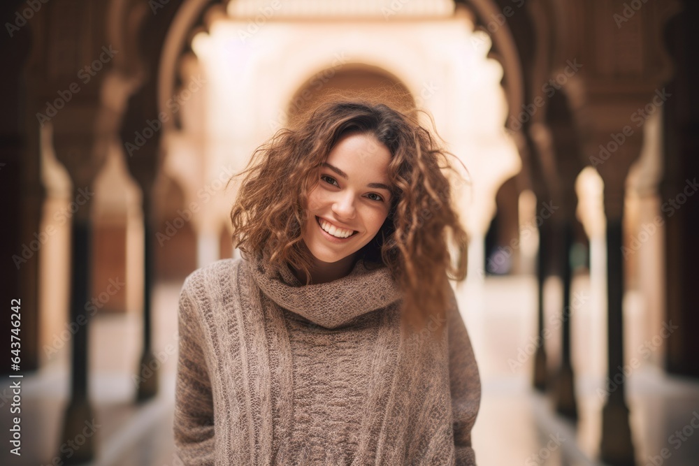Lifestyle portrait photography of a joyful girl in her 20s wearing a warm wool sweater at the alhambra in granada spain. With generative AI technology - obrazy, fototapety, plakaty 