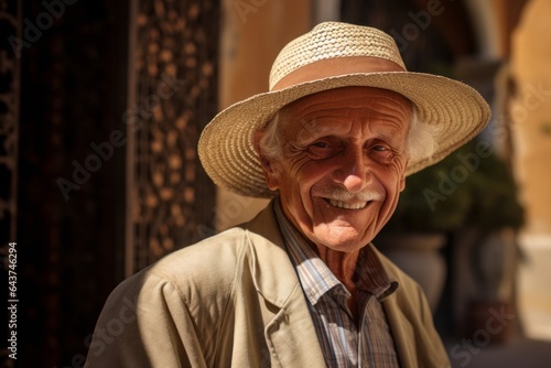 Medium shot portrait photography of a jovial old man wearing a whimsical sunhat at the alhambra in granada spain. With generative AI technology