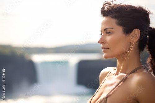 Photography in the style of pensive portraiture of a happy mature woman wearing a fashionable tube top at the niagara falls in ontario canada. With generative AI technology