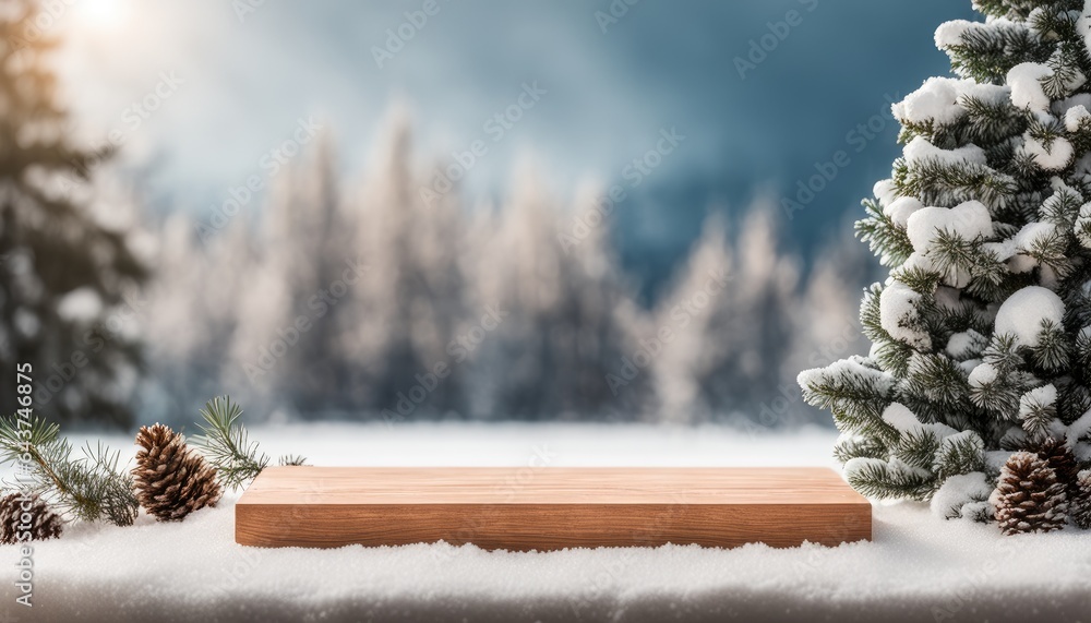 Empty Blank Light Brown Wooden Podium Stand Platform Snow Winter Wonderland Day Background View Backdrop Xmas Concept Mockup Template Product Demonstration Presentation Advertisement Commercial Sale  - obrazy, fototapety, plakaty 