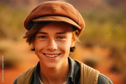 Close-up portrait photography of a happy boy in his 30s wearing a stylish beret near the uluru (ayers rock) in northern territory australia. With generative AI technology © Markus Schröder