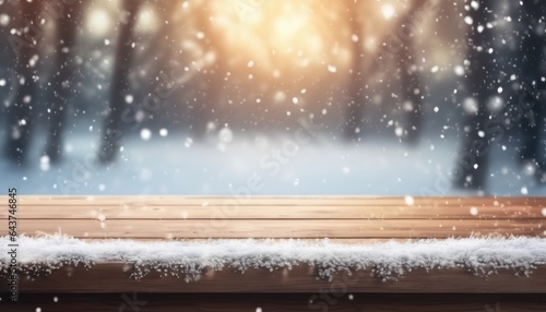 Empty Blank Wooden Table Top Podium Stand Platform Falling Snow Winter Wonderland Background View Bokeh Light Sunlight Glow Backdrop Concept Mockup Product Demonstration Presentation Advertisement