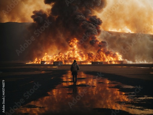 Man walking towards huge fire, man staring at huge fire, wildfire black smoke 