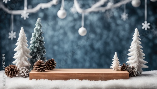 Empty Blank Wooden Podium Stand Platform with Snow Winter Wonderland Decoration Background View Backdrop Xmas Concept Mockup Template Product Demonstration Presentation Advertisement Commercial Sale 