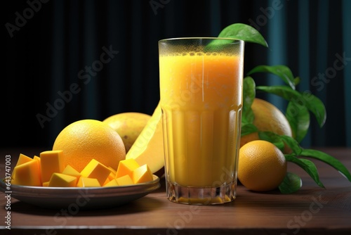 glass of mango juice and fruits