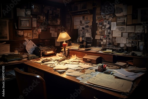 A dim detective's office with cluttered desks and corkboards for nocturnal inquiries. Generative AI