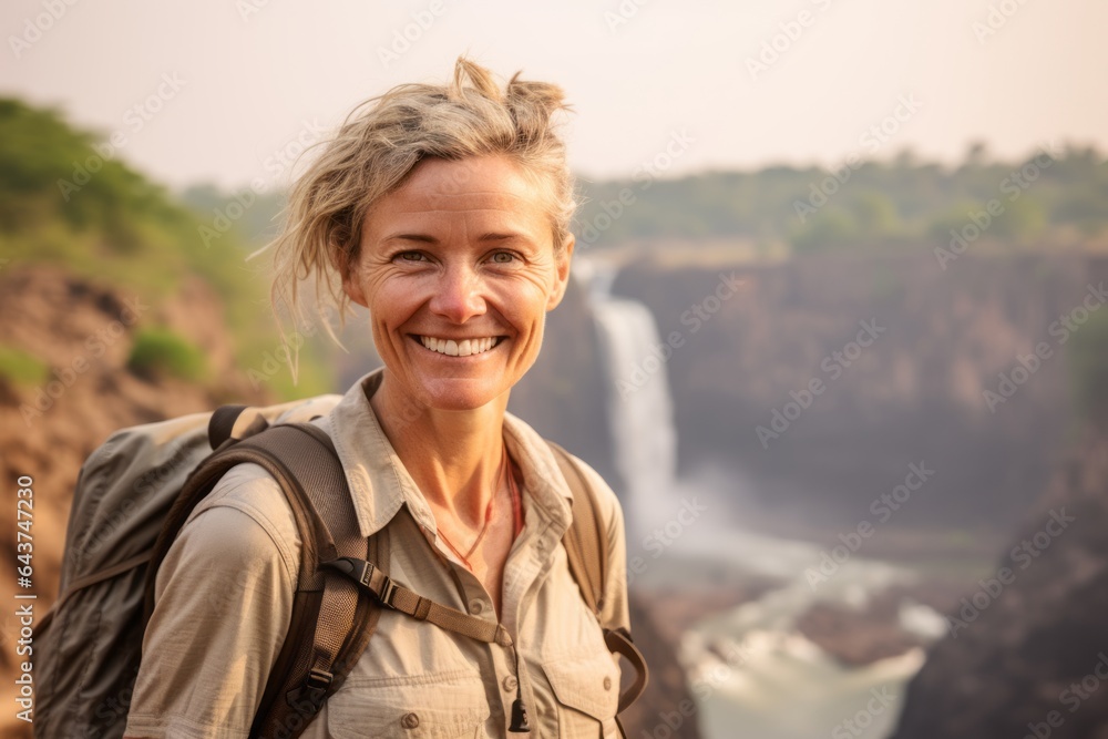Environmental portrait photography of a joyful mature woman wearing an intricate lace top at the victoria falls in livingstone zambia. With generative AI technology Environmental portrait photography of a joyful mature woman wearing an intricate lace top at the victoria falls in livingstone zambia. With generative AI technology