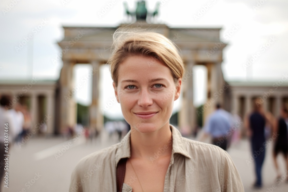 Environmental portrait photography of a blissful girl in her 30s wearing a simple cotton shirt in front of the brandenburg gate in berlin germany. With generative AI technology Environmental portrait photography of a blissful girl in her 30s wearing a simple cotton shirt in front of the brandenburg gate in berlin germany. With generative AI technology
