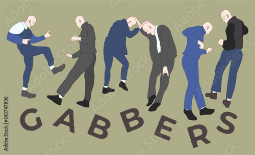 Gabbers dancing hakkuh dance. Gabba style. Men with shaved head in sweatpants and sneakers. Youth subculture comes from the 80-90s. Vector illustration with lettering. photo