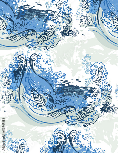 tsumani wave sea japanese chinese traditional vector illustration card background seamless pattern colorful watercolor ink textured