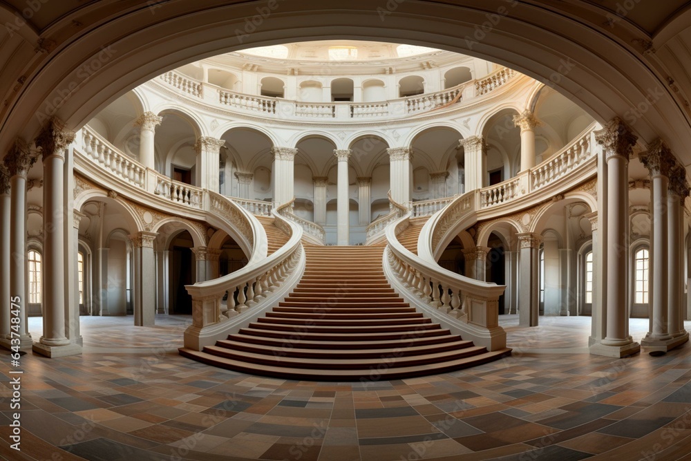 Equirectangular projection of a panoramic, column-filled hall with a staircase and panoramic windows. Generative AI