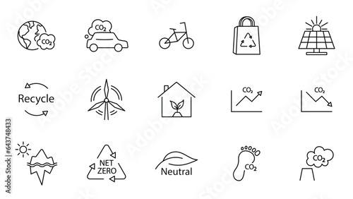 Icon collection with zero emission symbol concept. greenhouse gas carbon credit design set. protect ecological green vector outline. carbon net zero neutral natural. carbon footprint art pictogram
