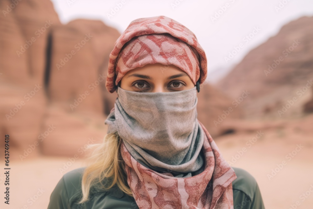 Close-up portrait photography of a joyful mature woman wearing a protective neck gaiter at the petra in maan jordan. With generative AI technology Close-up portrait photography of a joyful mature woman wearing a protective neck gaiter at the petra in maan jordan. With generative AI technology