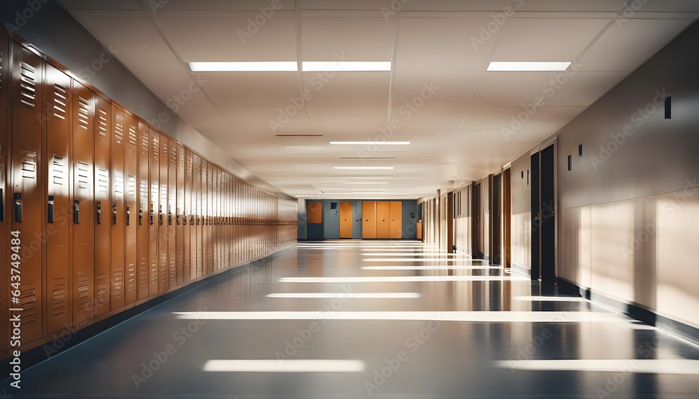 Fototapeta premium An empty school hallway with lockers lining the walls ai generated