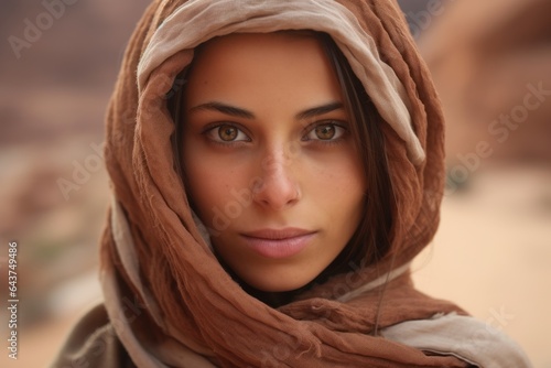 Close-up portrait photography of a glad girl in her 20s wearing a breathable mesh vest at the petra in maan jordan. With generative AI technology