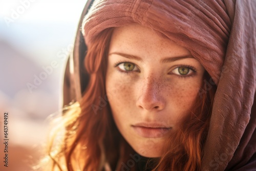 Close-up portrait photography of a glad girl in her 20s wearing a breathable mesh vest at the petra in maan jordan. With generative AI technology photo