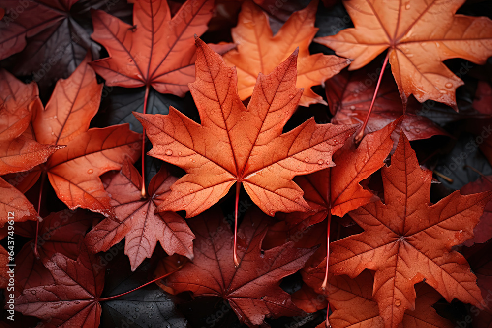 Red Autumn Maple Leaves Lying on the Forest Ground. Autumn Maple red yellow leaves background