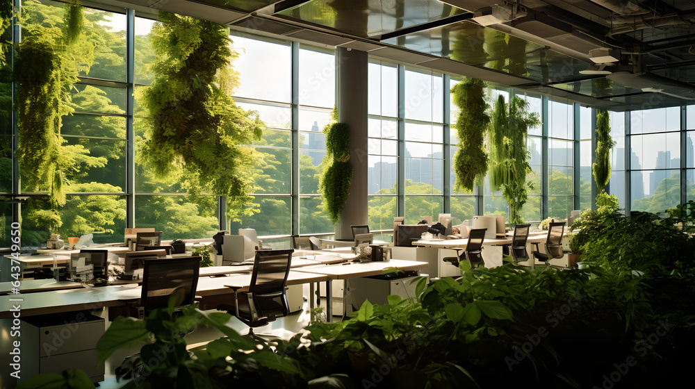 Fototapeta premium Sustainable Office Architecture: Moss Walls and Cascading Water Feature generative art