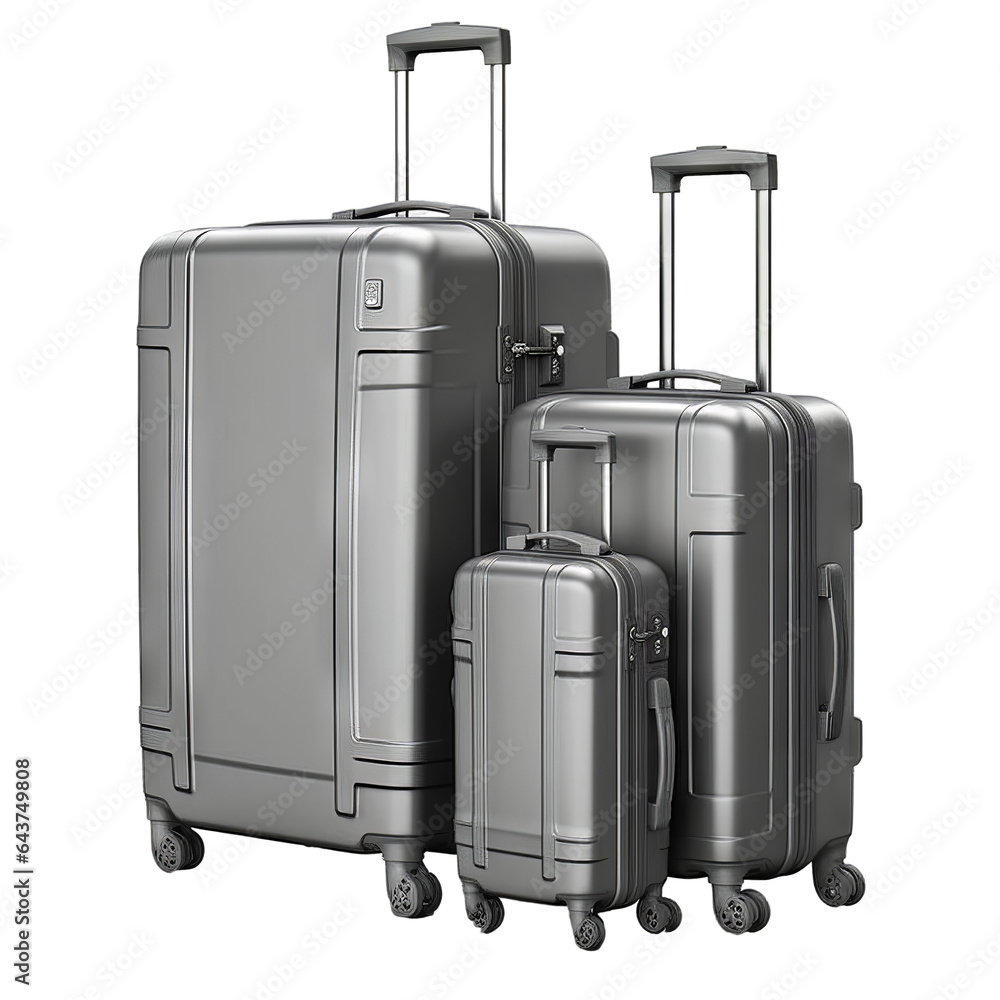 Set of three trolley suitcases isolated on transparent background. Concept of outdoor and travel. Set of three trolley suitcases isolated on transparent background. Concept of outdoor and travel.