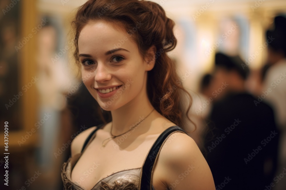 Close-up portrait photography of a joyful girl in his 20s wearing an elegant corset at the uffizi gallery in florence italy. With generative AI technology Close-up portrait photography of a joyful girl in his 20s wearing an elegant corset at the uffizi gallery in florence italy. With generative AI technology