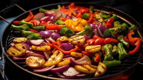 A griddle covered in a rainbow of colorful vegetables, sizzling and ready for a stir-fry. 