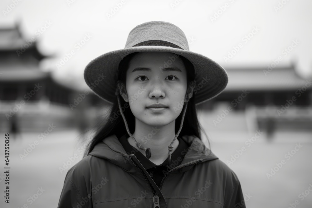 Medium shot portrait photography of a tender girl in her 20s wearing a practical bucket hat at the palace museum (forbidden city) in beijing china. With generative AI technology Medium shot portrait photography of a tender girl in her 20s wearing a practical bucket hat at the palace museum (forbidden city) in beijing china. With generative AI technology