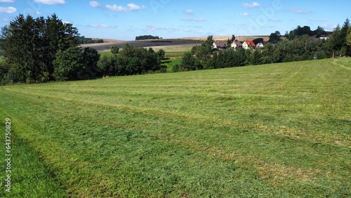 View of a tractor mowing a meadow