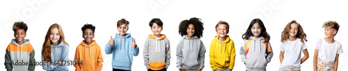 Group of diverse multi-ethnic school children, happy boys and girls isolated on transparent white background