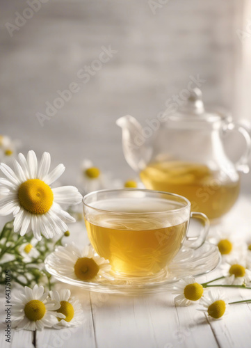 Healthy chamomile tea in glass with teapot and flowers with copy space