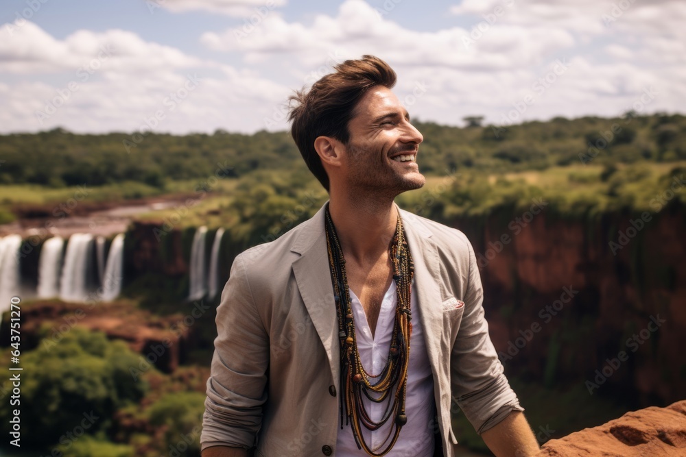 Lifestyle portrait photography of a satisfied boy in his 30s wearing a stunning statement necklace at the iguazu falls argentina-brazil border. With generative AI technology