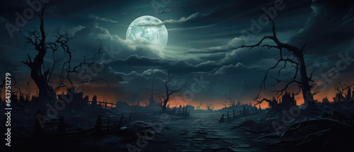 Happy Halloween spooky scary moon night scene horror landscape background. Creepy dark forest woods trees  moon and Happy Haloween ghosts gothic mysterious sky moonlight gloomy scenery backdrop.