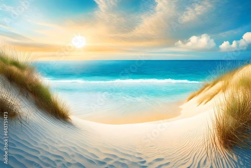 summer beach with sand sea side and seascape view , blue sky with clouds