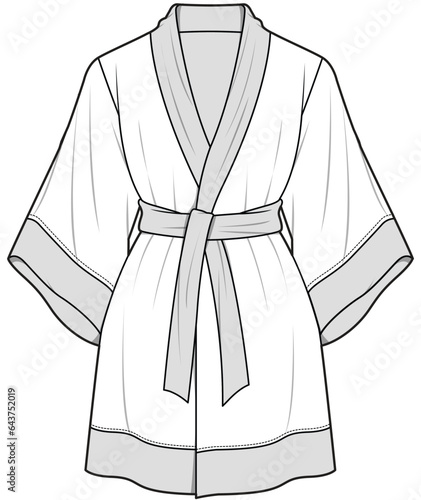 womens dressing gown, bath robe flat sketch vector illustration technical cad drawing template
