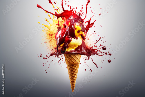 Red strawberry ice cream cone with swirl splash. Ads promo poster with icecream in waffle cup with yellow splashing sauce. Sweet creamy dessert  dairy frozen summer dessert. AI generated