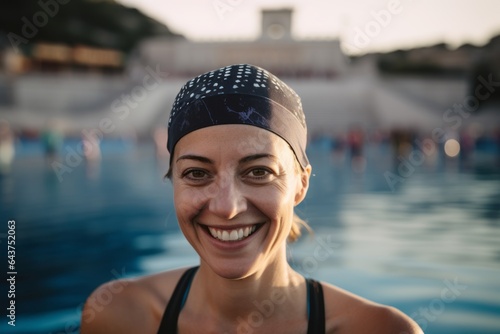 Close-up portrait photography of a happy girl in her 40s wearing a sleek swim cap at the acropolis in athens greece. With generative AI technology