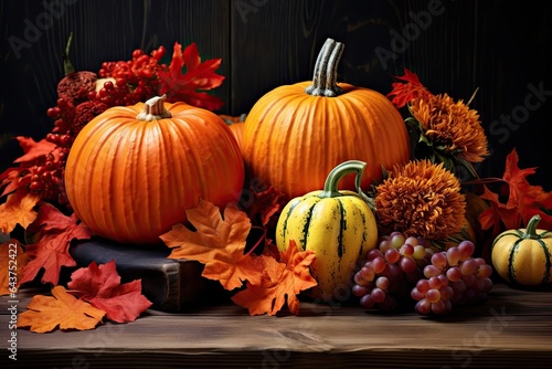 autumn leaves and pumpkins on the table top  vintage and wooden background with copy space