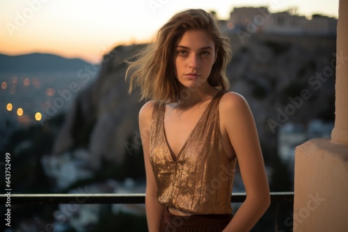 Medium shot portrait photography of a tender girl in his 20s wearing a glamorous sequin top at the acropolis in athens greece. With generative AI technology