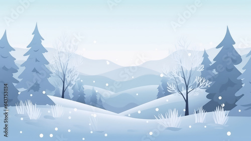 Natural Winter Christmas background with blue sky, heavy snowfall, snowflakes, snowy coniferous forest, snowdrifts. Winter landscape with falling christmas shining beautiful snow © ribelco