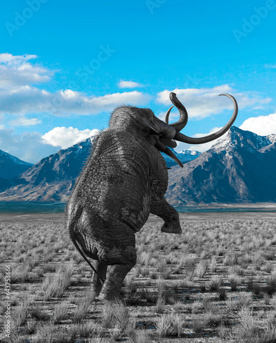 mammoth is prancing in plains and mountains rear view © DM7