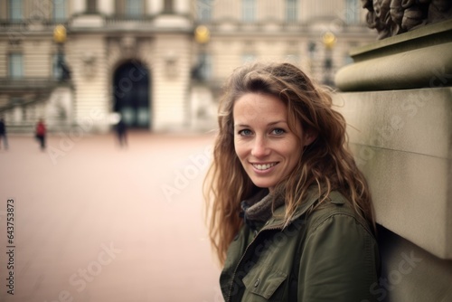 Photography in the style of pensive portraiture of a happy girl in her 40s wearing a rugged denim jacket at the buckingham palace in london england. With generative AI technology