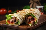 Delicious Turkish fast food with mouth-watering beef and veggie shawarma. Generative AI