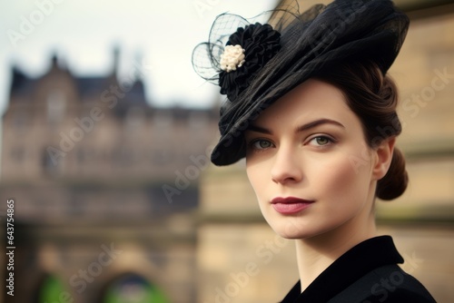 Conceptual portrait photography of a content girl in her 30s wearing a fancy fascinator at the edinburgh castle scotland. With generative AI technology