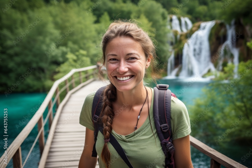 Headshot portrait photography of a grinning girl in her 30s wearing a casual t-shirt at the plitvice lakes national park croatia. With generative AI technology