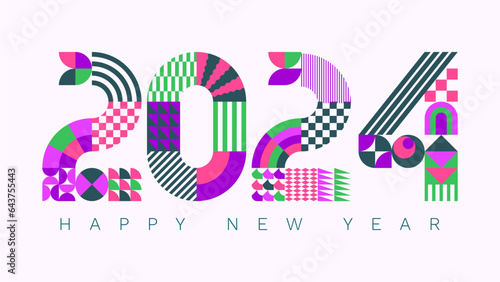 2024 modern geometric lettering New Year card. Memphis style typeface.