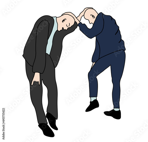 Gabbers dancing hakkuh dance. Gabba style. Men with shaved head in sweatpants and sneakers. Youth subculture comes from the 80-90s. Vector isolated illustration.