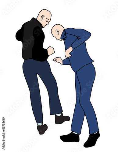 Gabbers dancing hakkuh dance. Gabba style. Men with shaved head in sweatpants and sneakers. Youth subculture comes from the 80-90s. Vector isolated illustration. photo