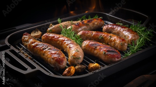 A griddle filled with sizzling breakfast sausages, releasing their savory aroma. 