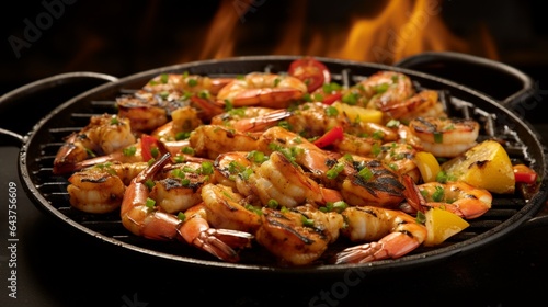 A griddle filled with sizzling shrimp, creating a mouthwatering seafood dish. 