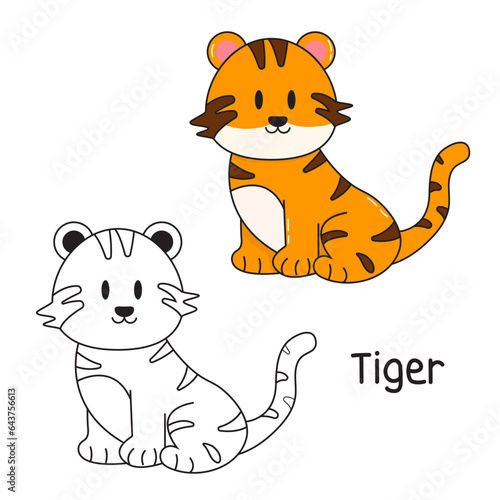Vector illustration. Coloring book , Coloring tiger. Cartoon animal. Clipart set for nursery poster, Practice skills