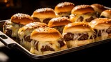 A griddle filled with sizzling sliders, each topped with a slice of melted cheese. 